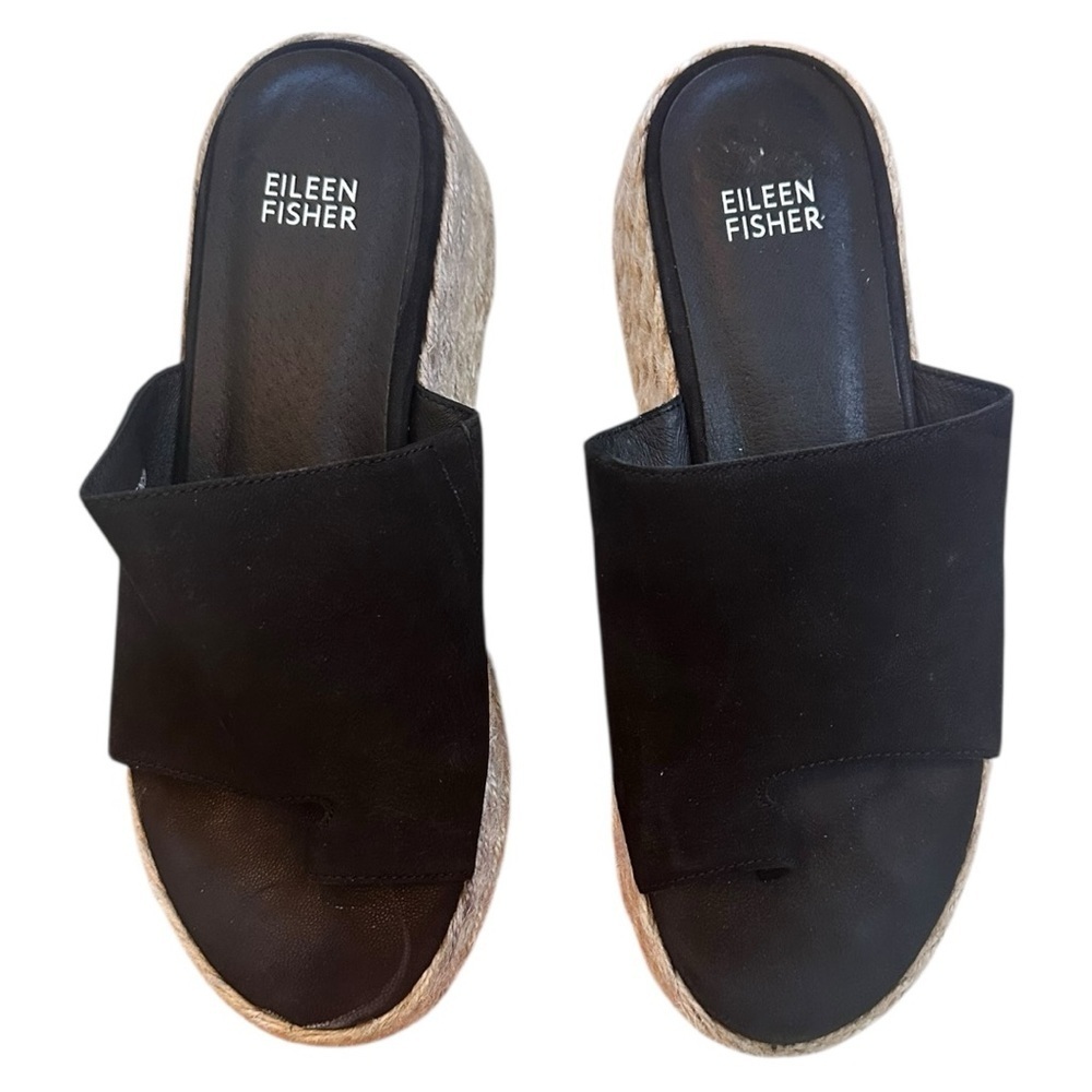 Eileen Fisher Black Suede Slide Mules with Natural Espadrille Sole